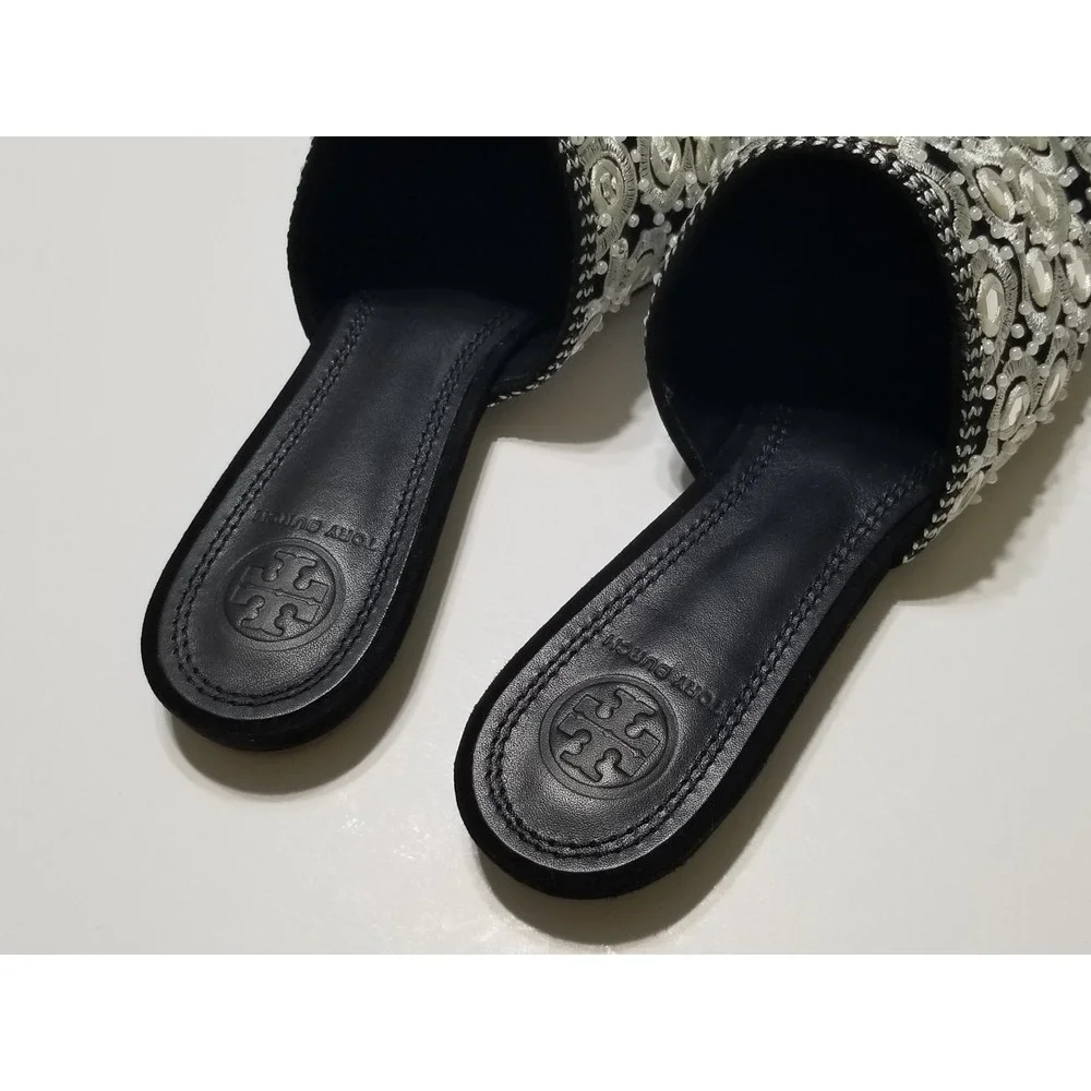 Tory Burch Elora Slide Black Suede Mirror Embroidery Flat Mule Slipper 6 $378